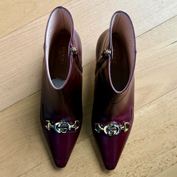 Gucci Burgundy Kitten Heel Ankle Boots with Metallic Embellishments - Picture 1 of 6